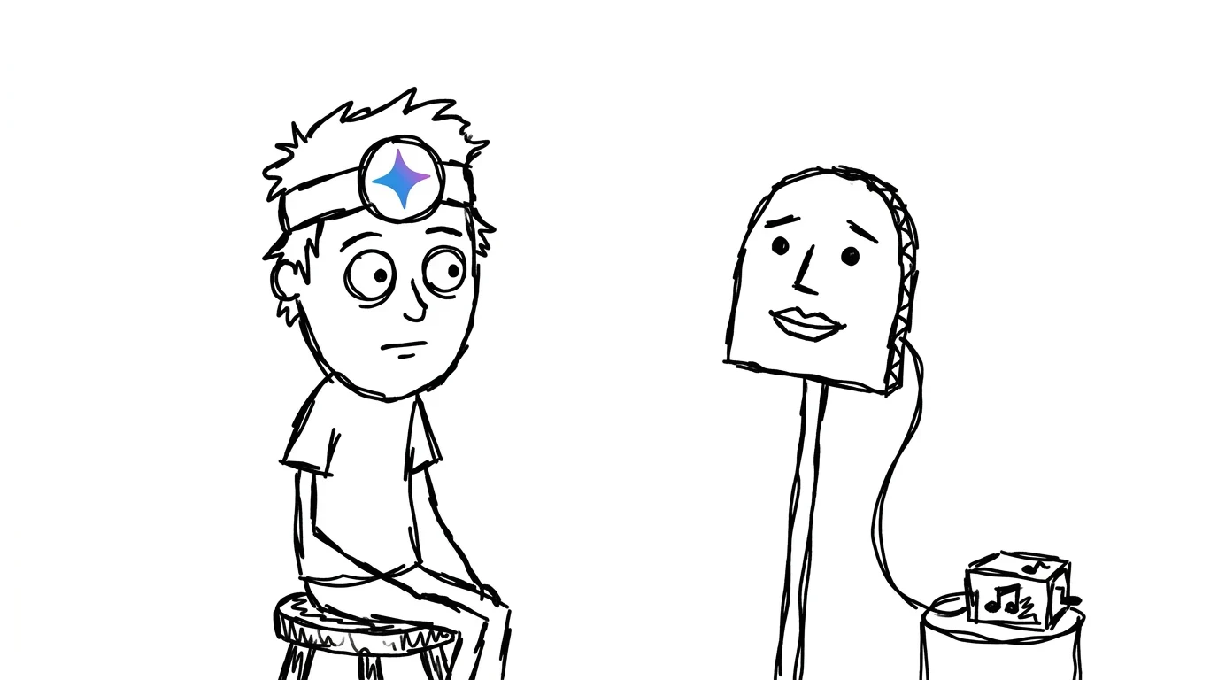 A person chats with a smiling cardboard face on a stick, a cable running from it to a music box.
