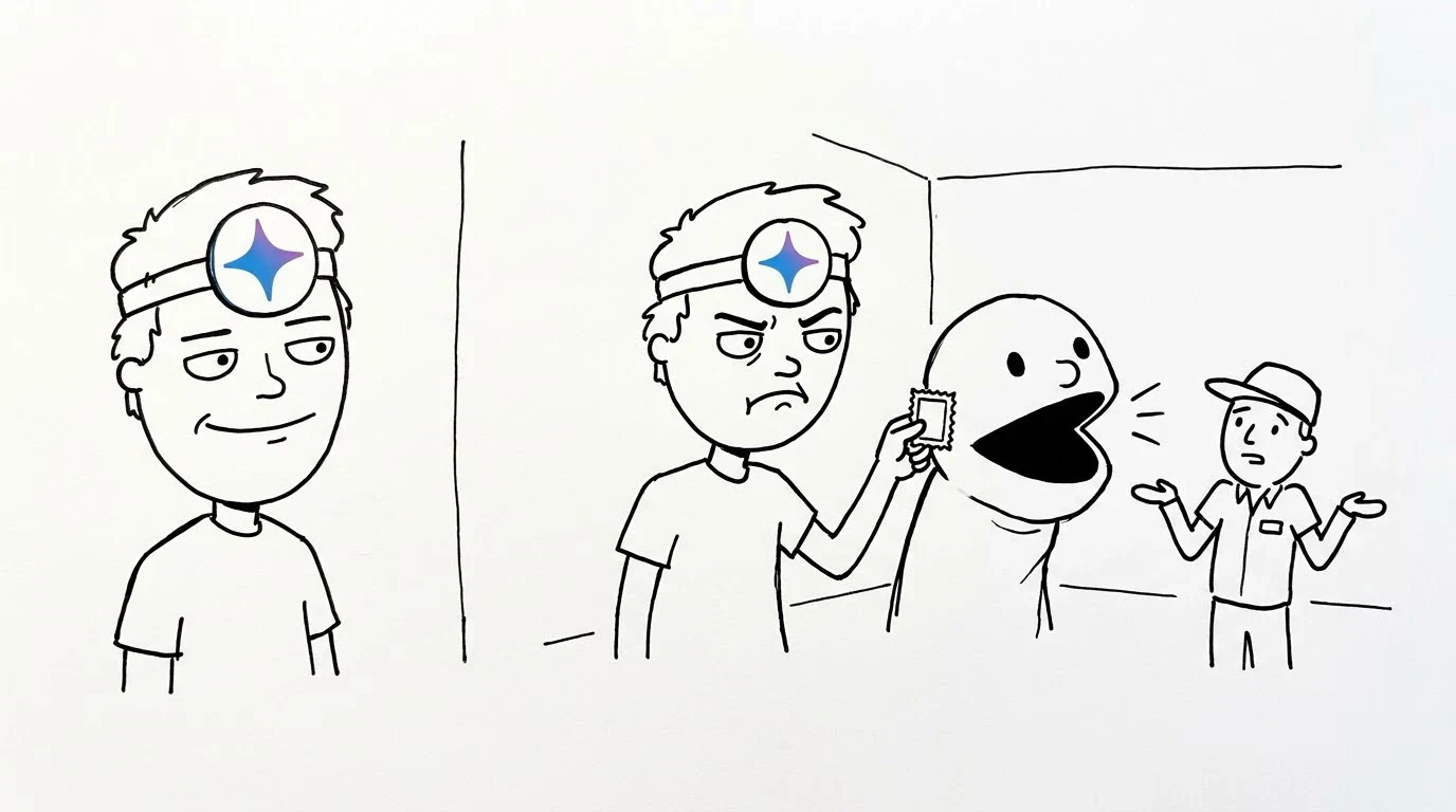 A person holds a tiny sticker near a talking puppet head while a clerk shrugs.