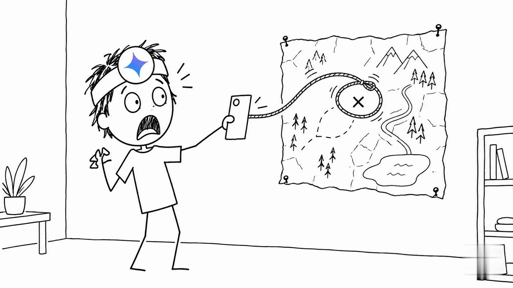 A shocked person holds a cardboard phone up to a paper map with a loop of string circling one spot.