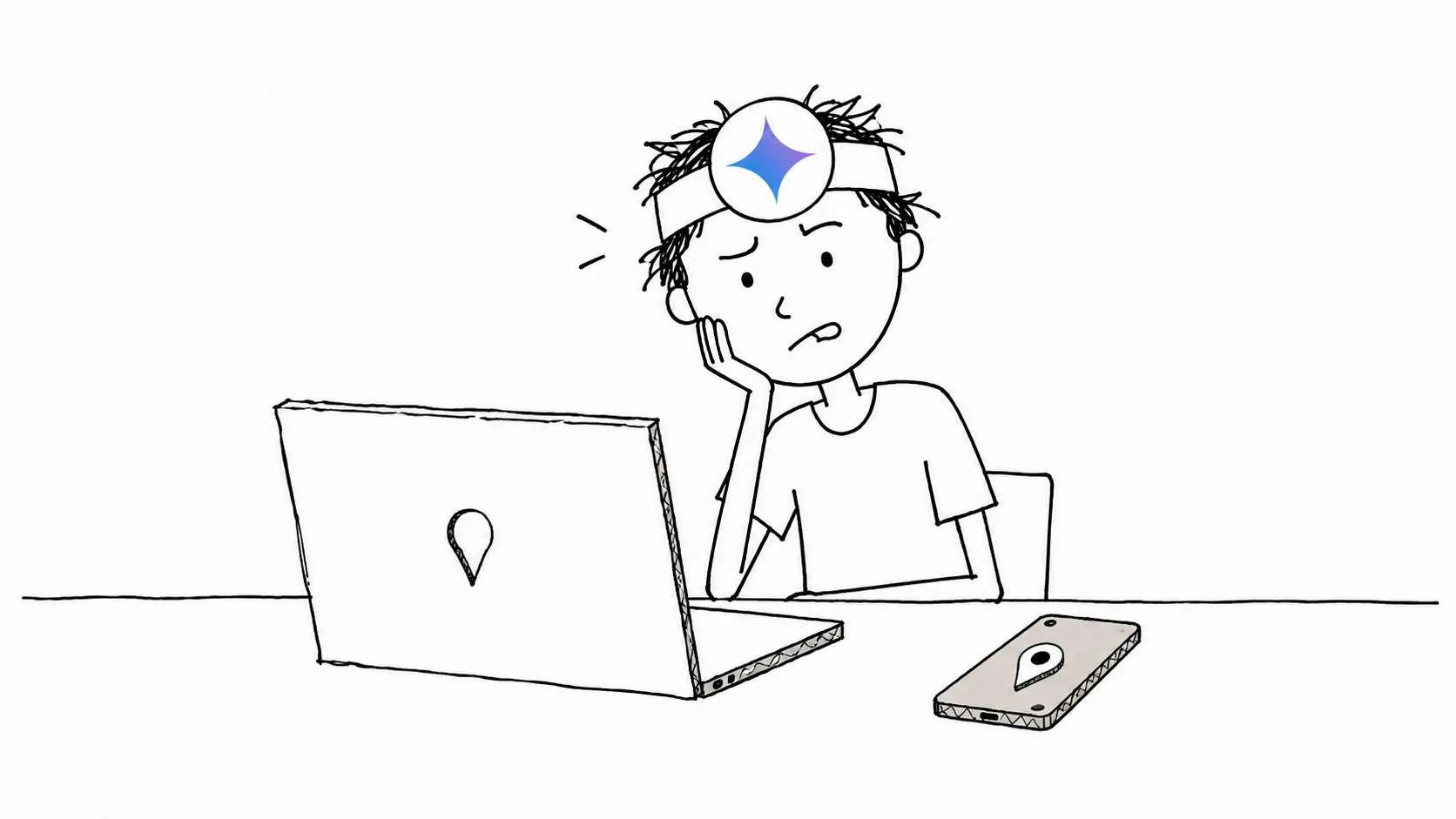 A baffled person sits at a cardboard laptop with an empty pin-shaped hole, beside a phone that has the pin.