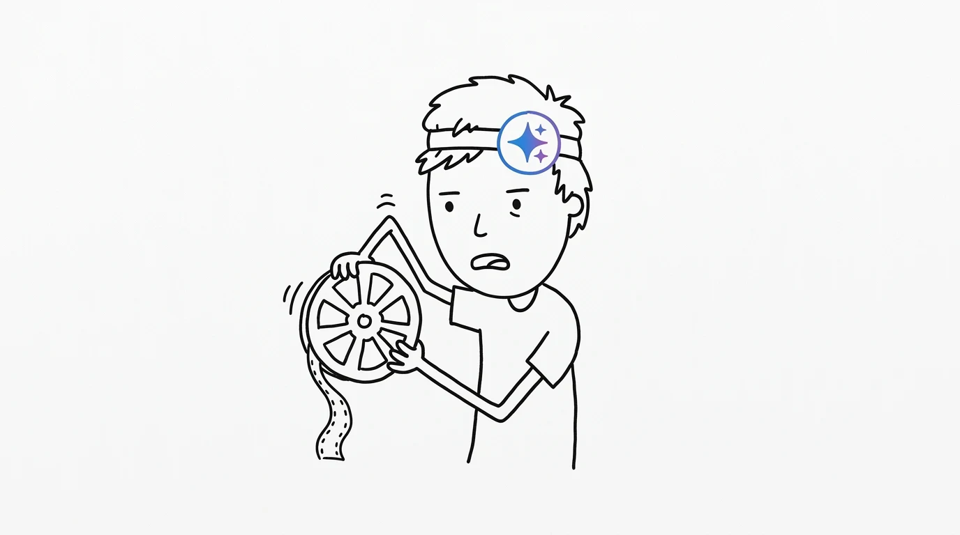 A frustrated person with messy hair shakes an empty film reel with a tiny scrap dangling from it.
