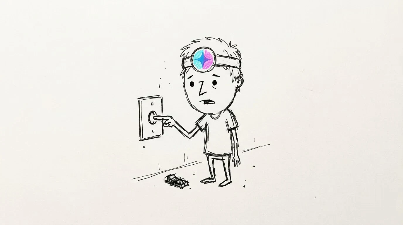 A baffled person presses an empty wall-switch socket while its detached toggle lies on the floor.
