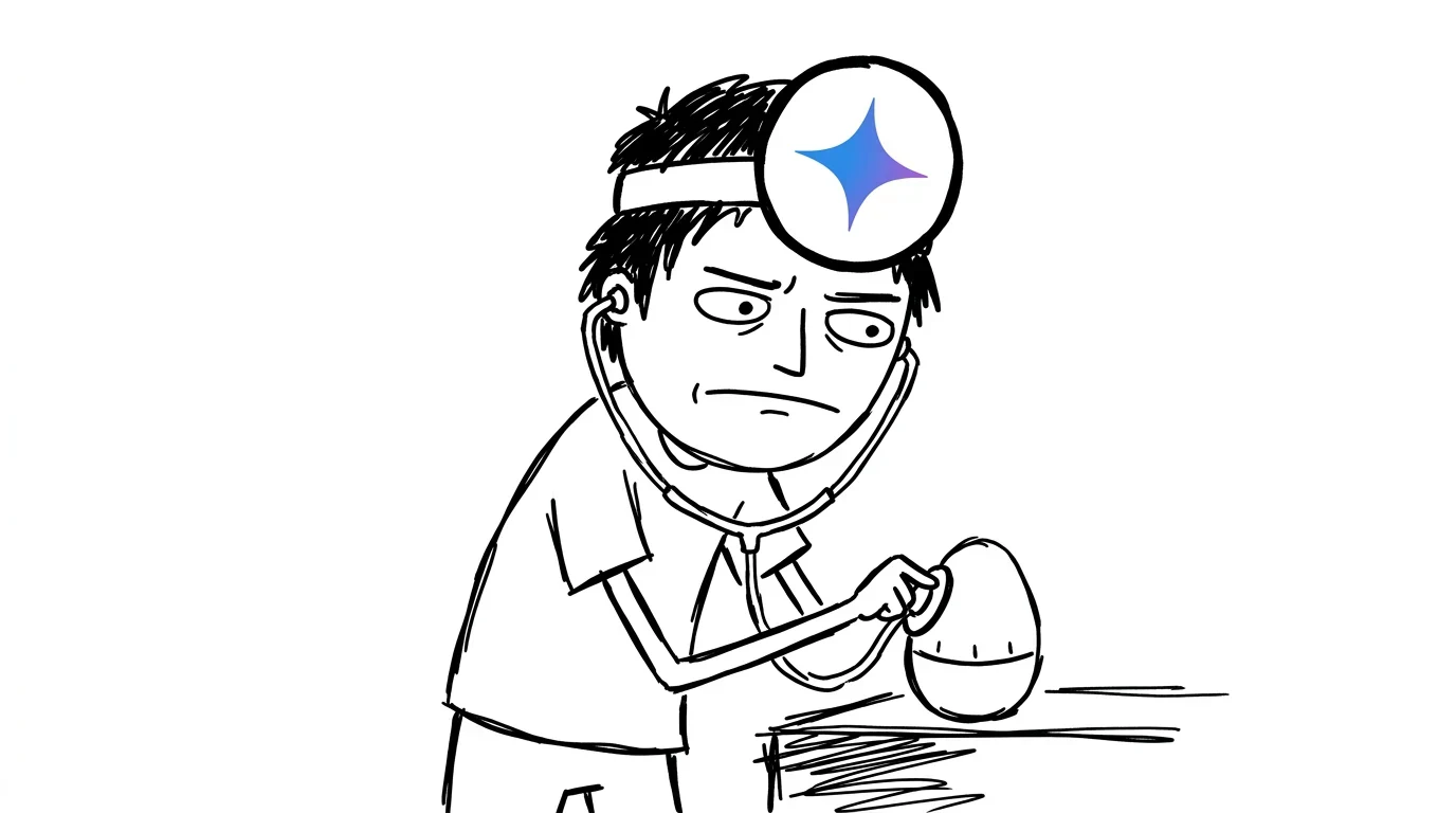 A suspicious person uses a stethoscope to check an egg-shaped kitchen timer.
