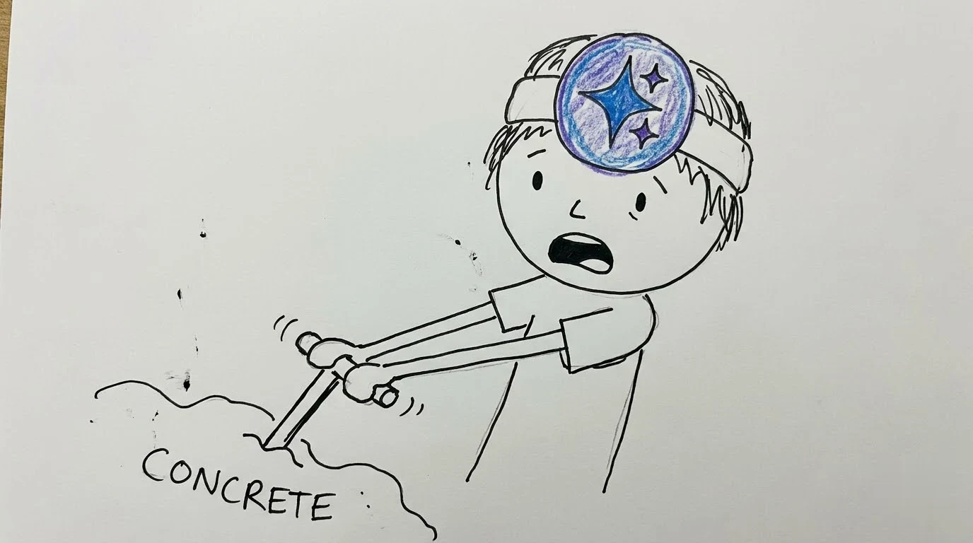A shocked person tries to pull a phone's backward-pointing lever, but concrete holds it in place.