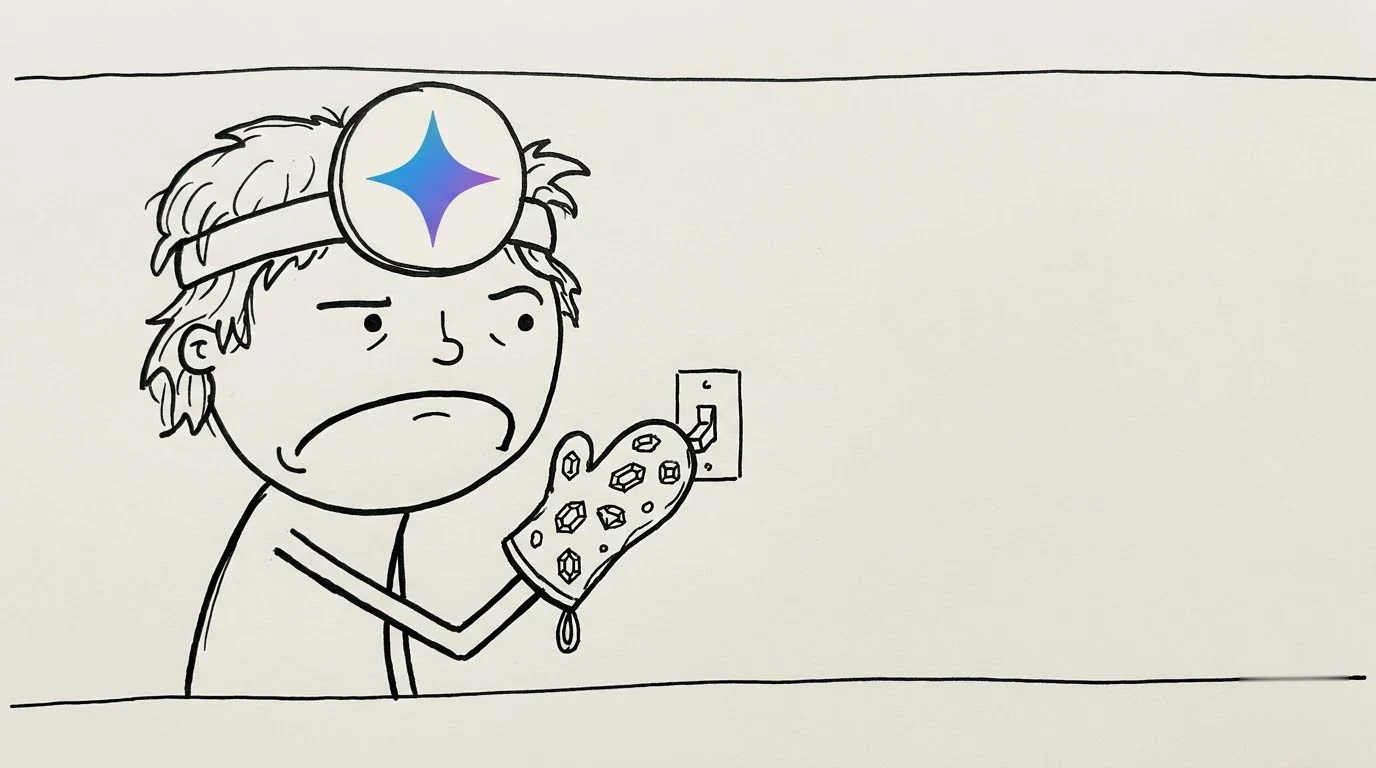 A skeptical person struggles to press a wall switch with a jewel-encrusted oven mitt.