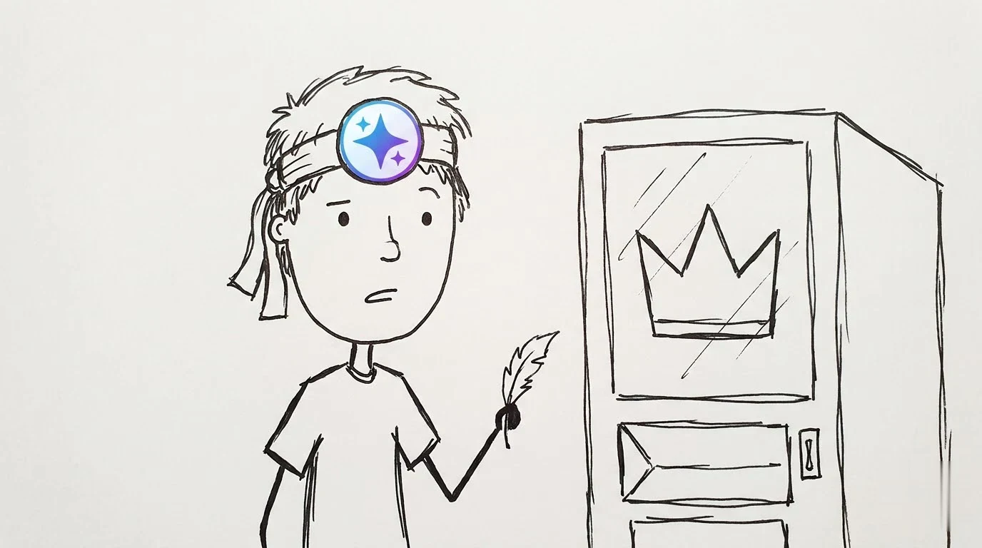 A baffled person holds a small paper feather from a vending machine while a crown stays behind the glass.