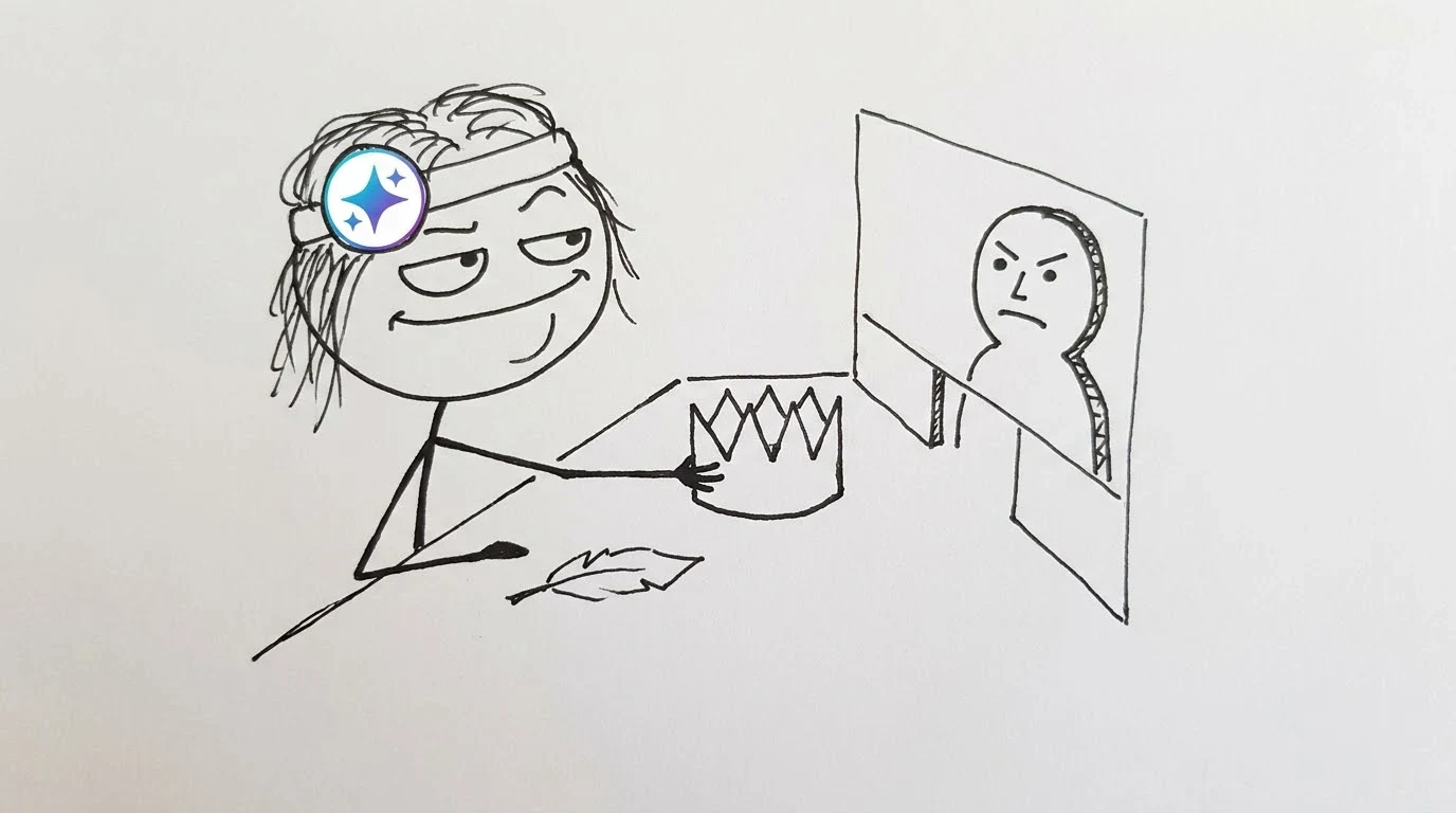 A smug person at a table hands a cardboard crown across to a clerk, keeping a small paper feather.