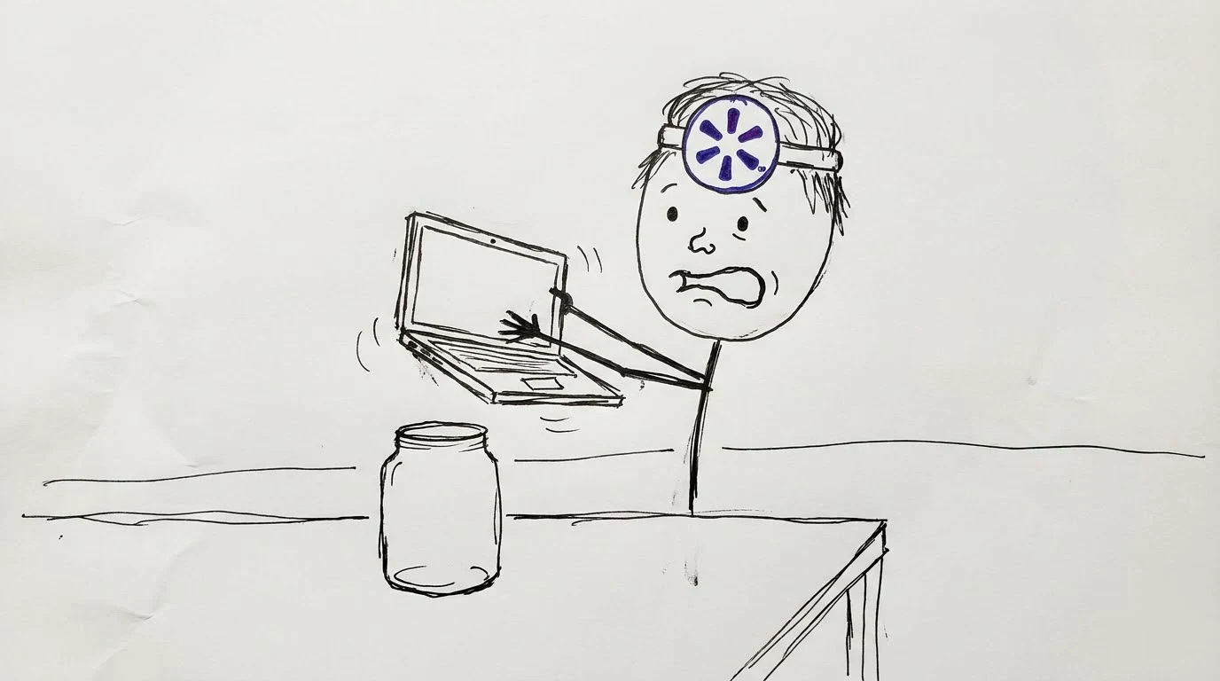 A confused messy-haired person shakes a closed laptop over an empty coin jar.