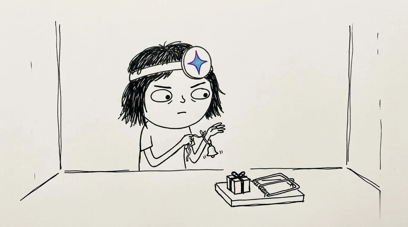 A cautious messy-haired person sets a reminder beside a gift box in a mousetrap.