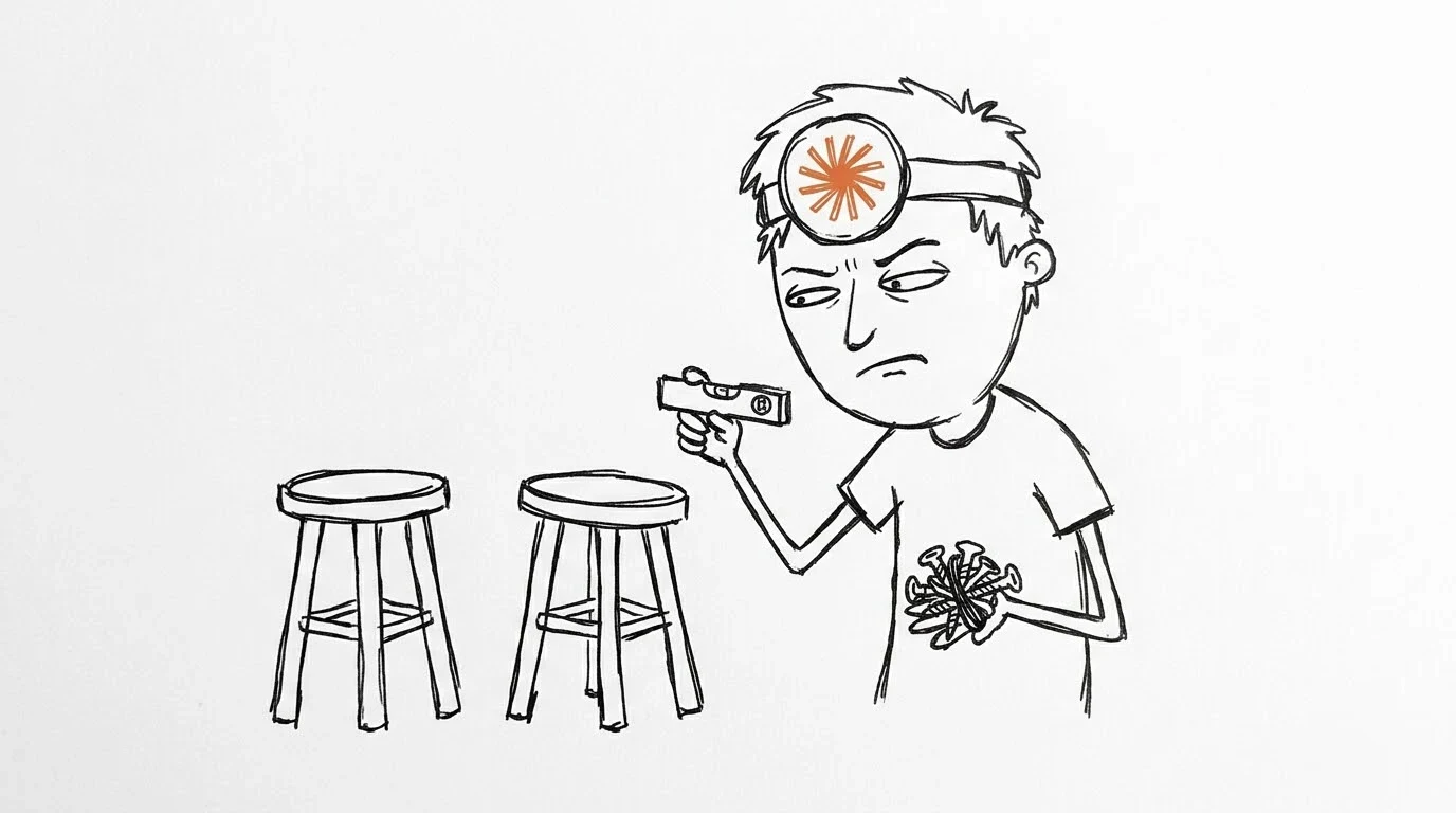 머리가 헝클어진 사람이 똑바른 의자와 살짝 기운 의자를 놓고 의심스러운 표정으로 수평계를 들고 있습니다.