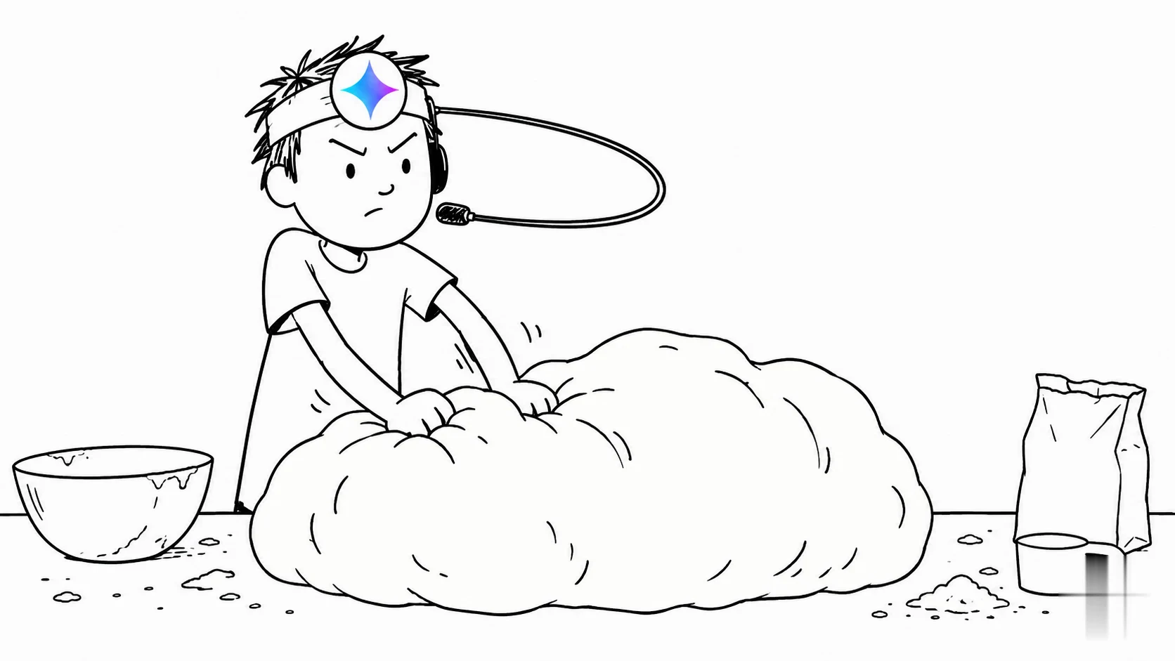 헝클어진 머리의 사람이 집중한 표정으로 커다란 반죽을 양손으로 치대며 헤드셋에 대고 말합니다.