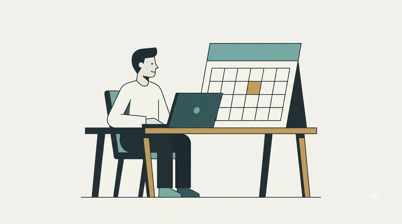 A person sitting at a desk next to a laptop and a highlighted calendar.