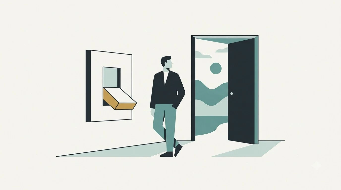 A person standing near a large off switch and an open door.
