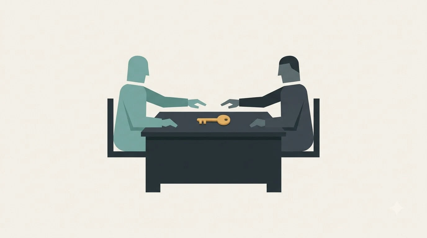 Illustration of two people at a desk reaching for a shared key between them.
