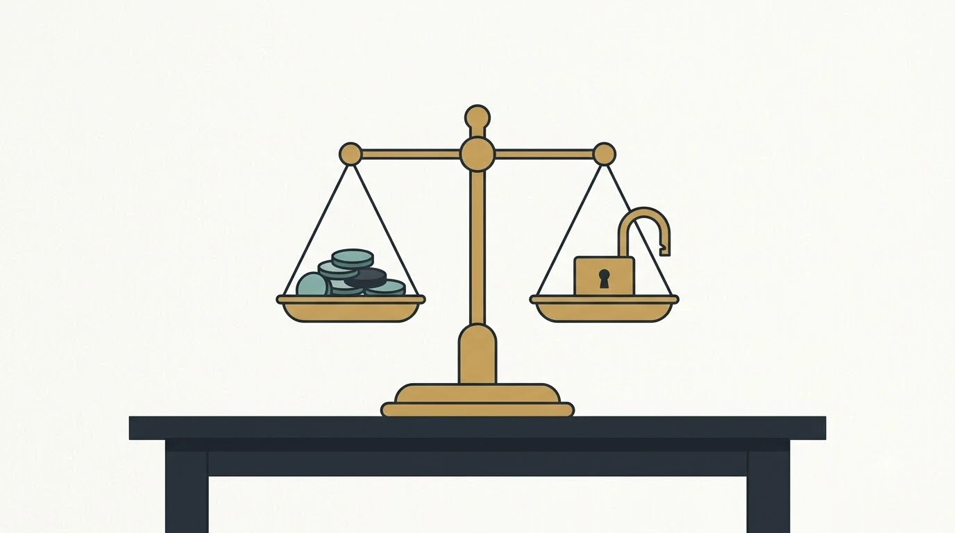 A balance scale weighing a stack of coins against an open padlock on a wooden table.