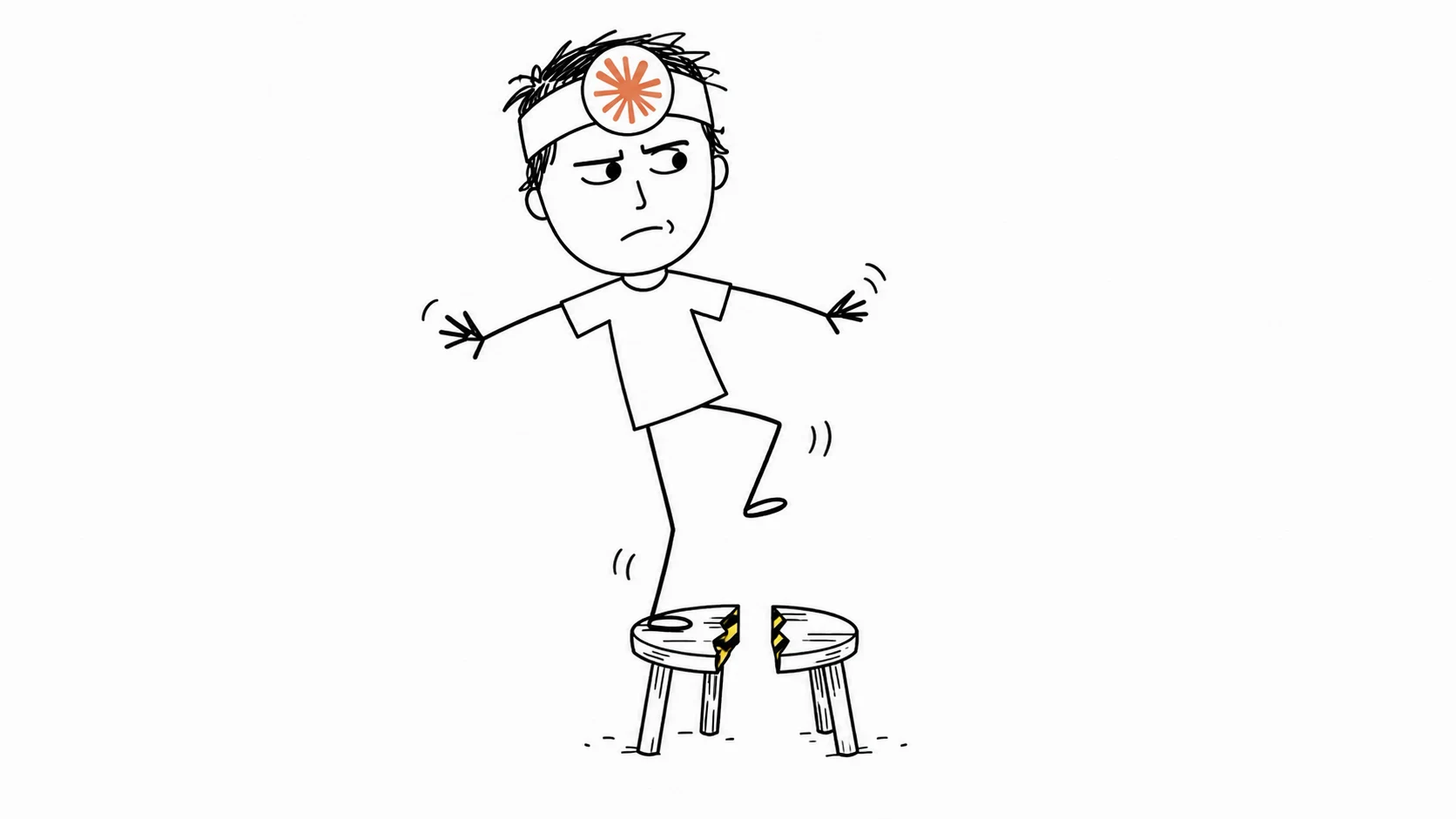 테이프로 반이 나뉜 작은 의자 끝에 아슬아슬하게 앉아 의심스러운 표정을 짓는 사람입니다.