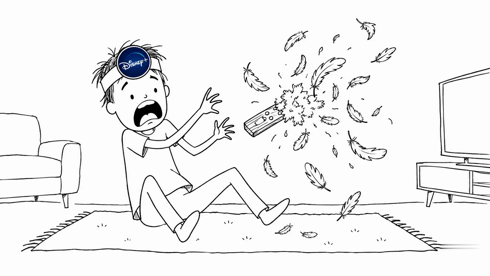 A person with messy hair looks panicked as their remote control turns into feathers.