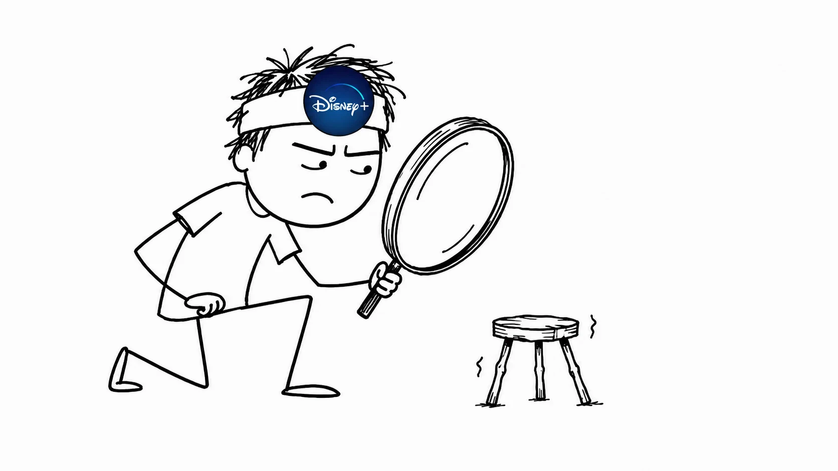 A person with messy hair examines a small stool using a giant magnifying glass.
