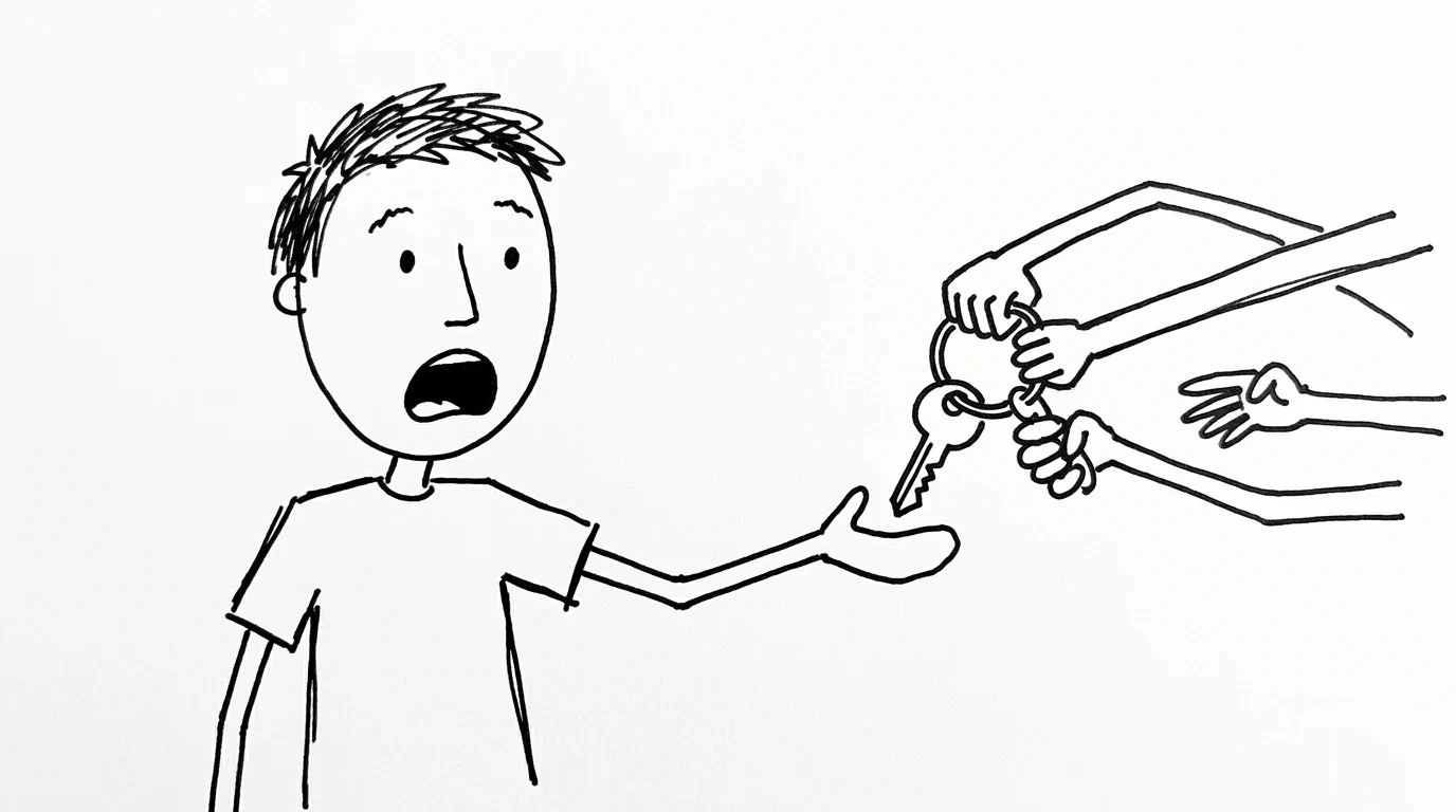 A shocked person accepts a key whose ring is still gripped by several other hands.