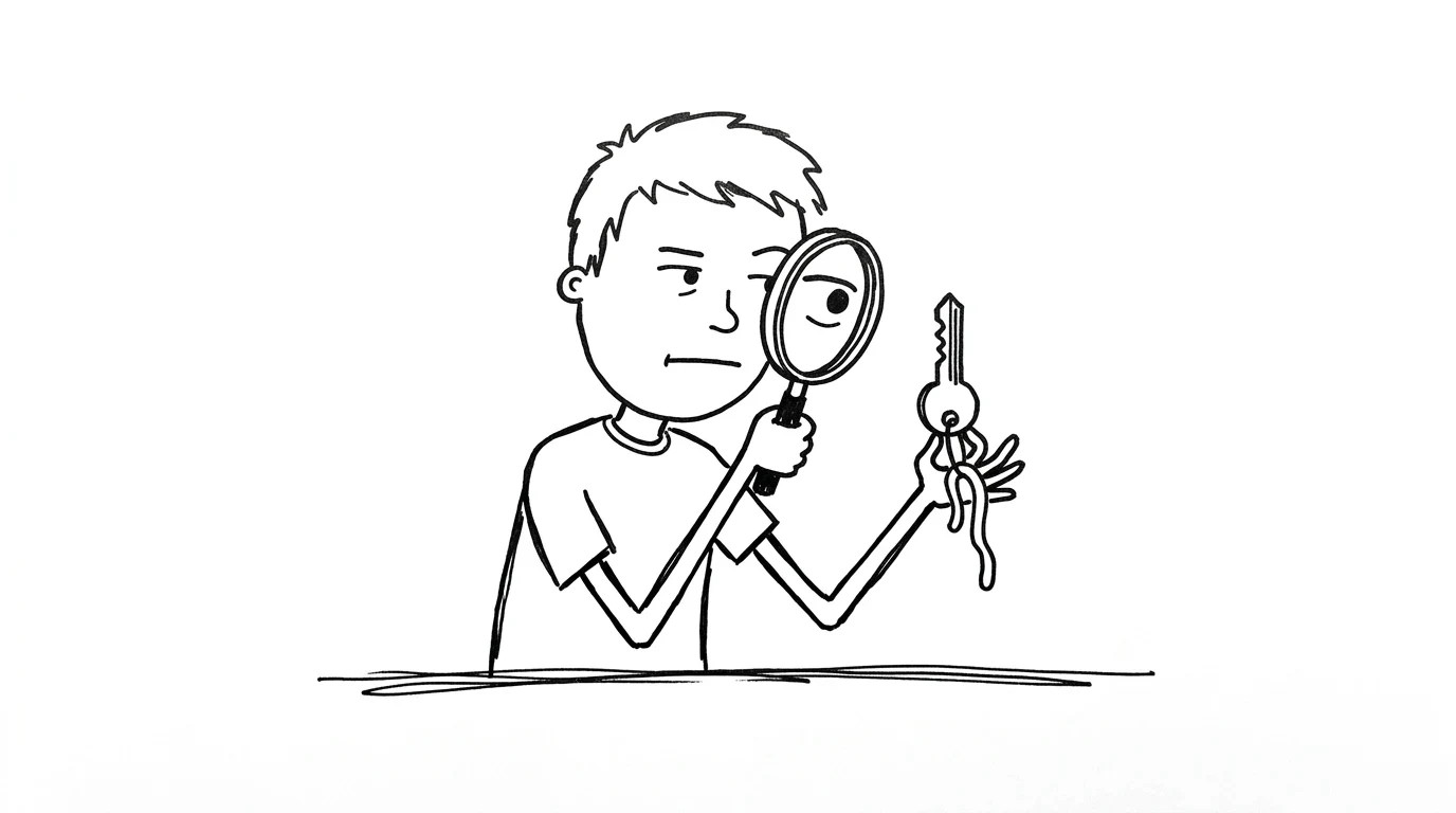 A skeptical person examines a key with a magnifying glass as one tooth droops.