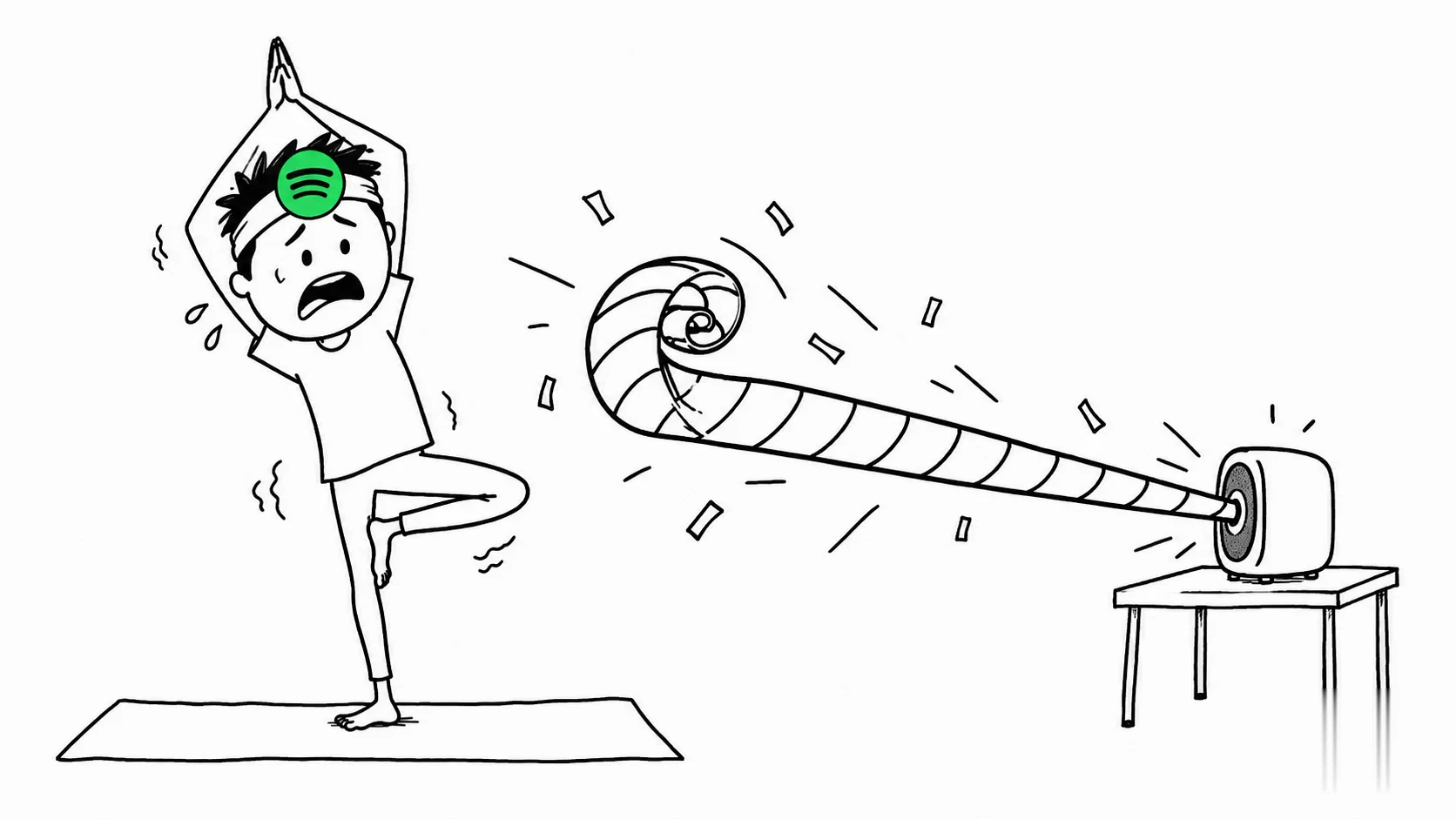 Doodle of a person doing yoga looking panicked as a giant horn bursts out of a small speaker.
