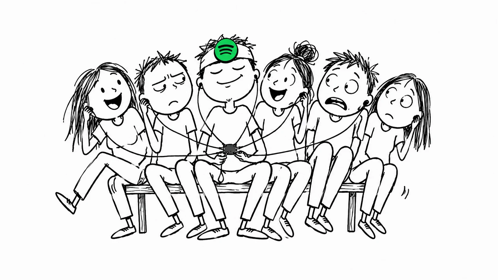 Doodle of a person looking smug on a tiny bench crowded by five people sharing one audio splitter.