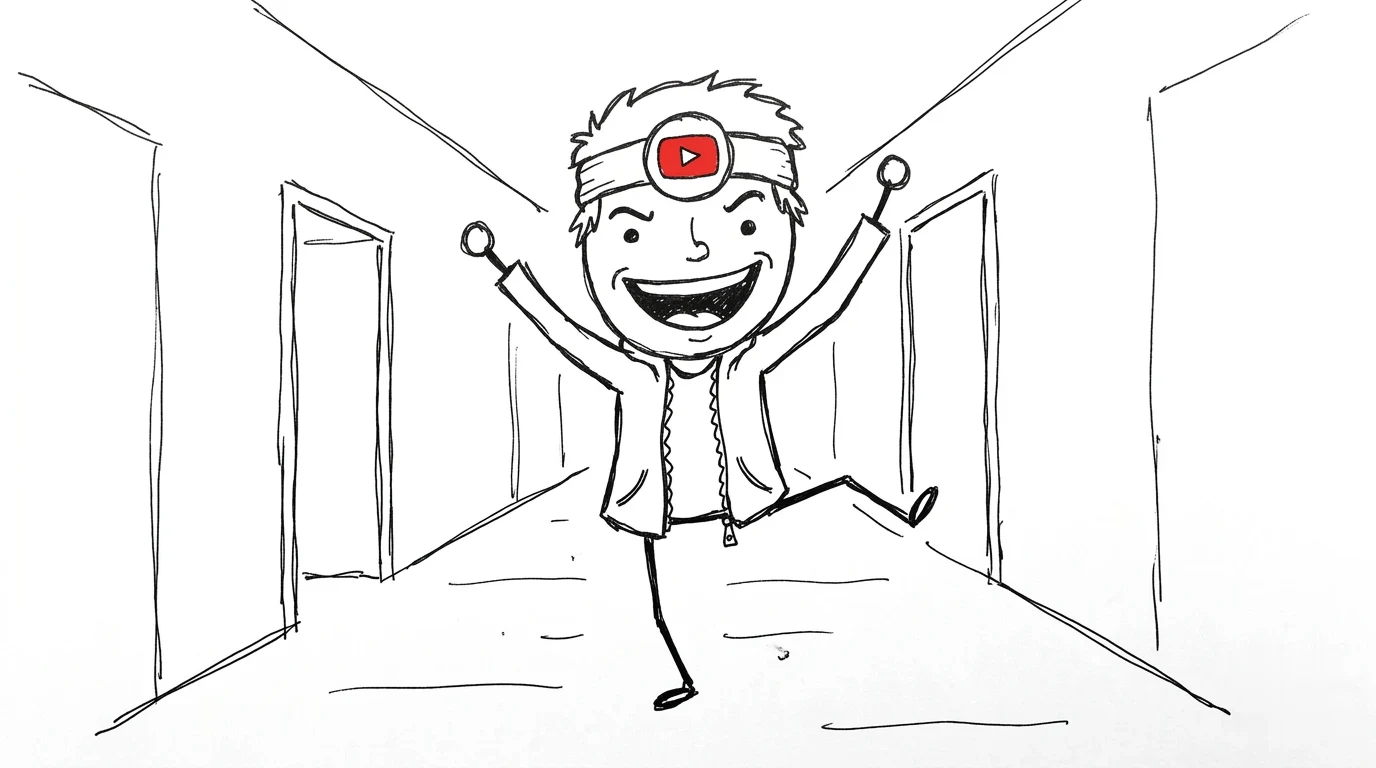 A person with messy hair dancing down a hallway with a phone tucked into a coat pocket.