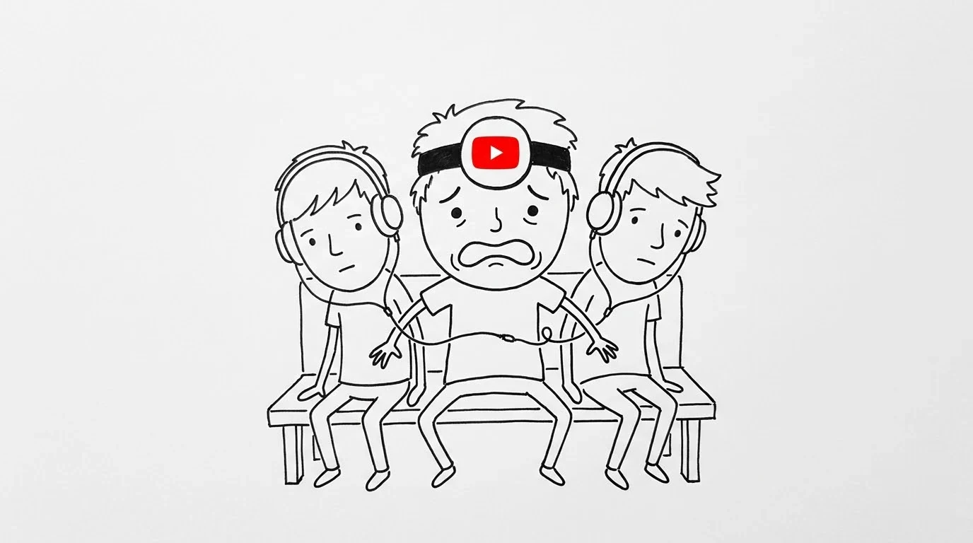Three friends squeezed together on a small bench sharing one long headphone cord.