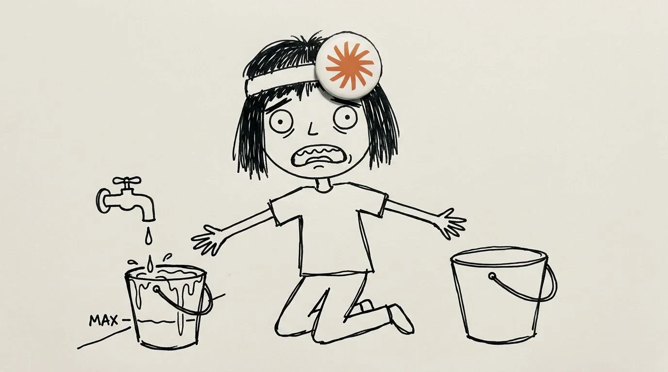 머리가 헝클어진 사람이 당황한 얼굴로 물방울을 받는 작은 양동이의 낮은 선을 바라봅니다.