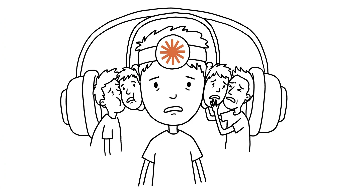 머리가 헝클어진 사람이 질겁한 표정으로 쓴 커다란 헤드셋 안에 낯선 사람들이 머리를 들이밉니다.