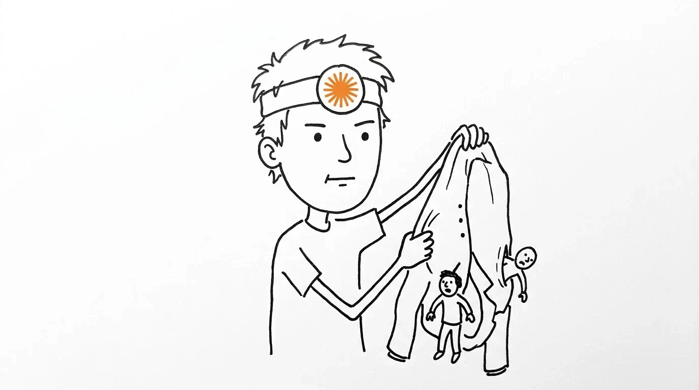 머리가 헝클어진 사람이 단호한 표정으로 외투를 거꾸로 털자 주머니에서 작은 낯선 사람들이 떨어집니다.