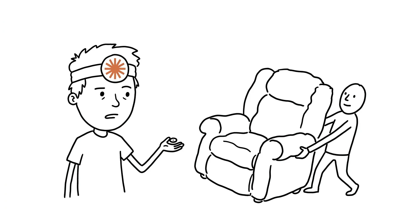 헝클어진 머리의 사람이 작은 동전을 내밀고, 판매자가 커다란 푹신한 의자를 건네자 어리둥절해합니다.