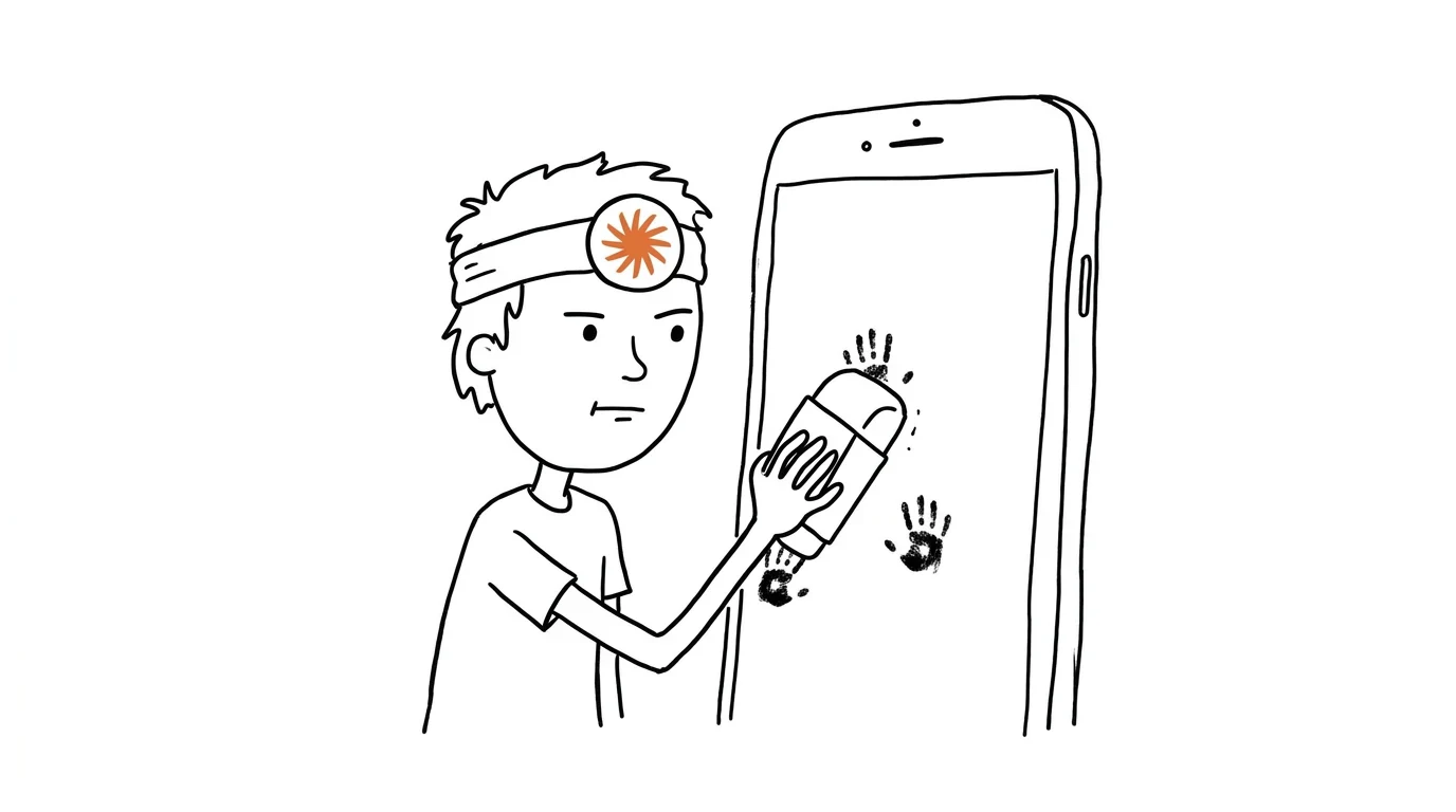 헝클어진 머리의 사람이 단호한 표정으로 커다란 스마트폰 화면에 남은 작은 손자국들을 지우개로 지웁니다.
