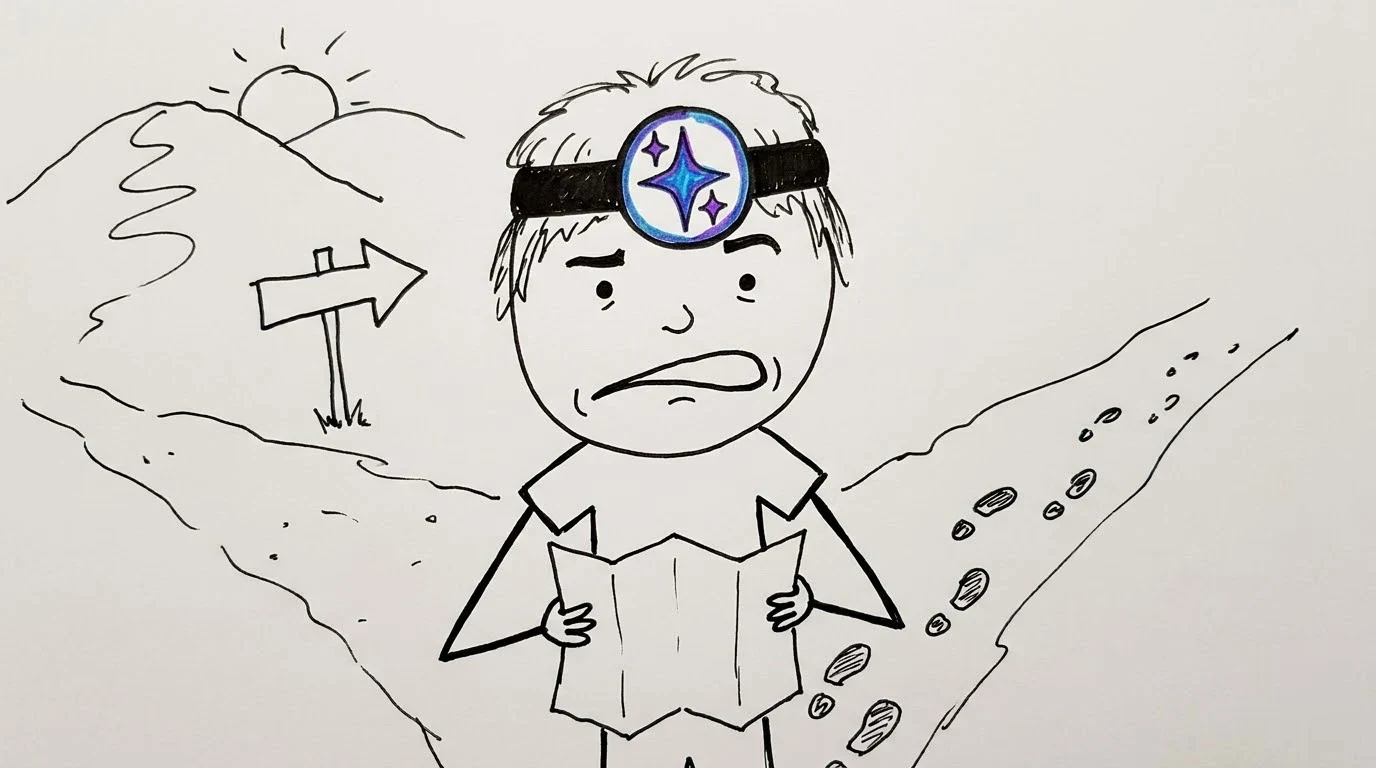 머리가 헝클어진 사람이 지도를 거꾸로 들고 갈림길에서 어리둥절해하며, 한쪽 길에는 이미 발자국이 나 있는 그림입니다.