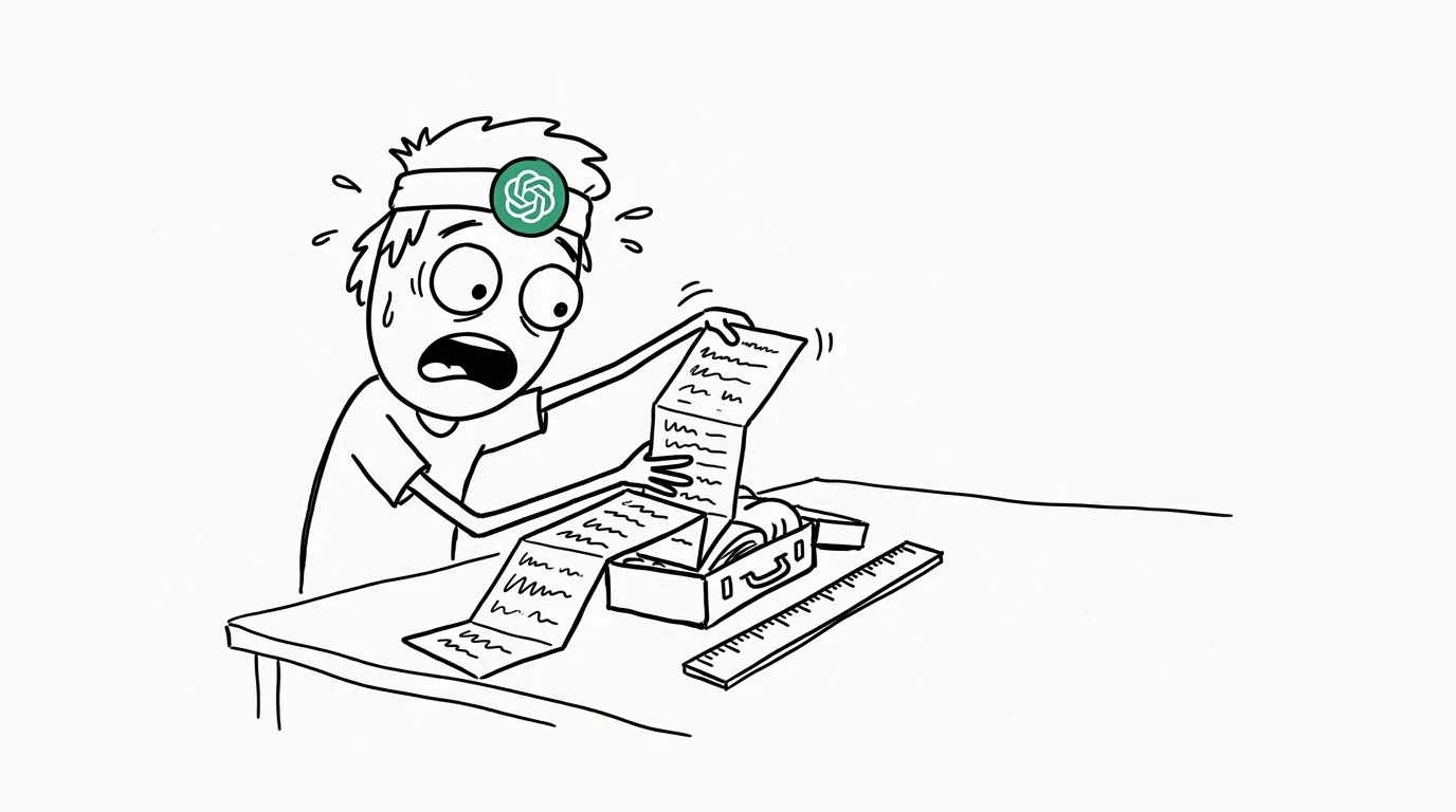 A worried person tries to cram a long paper schedule into a tiny suitcase that is clearly too small.