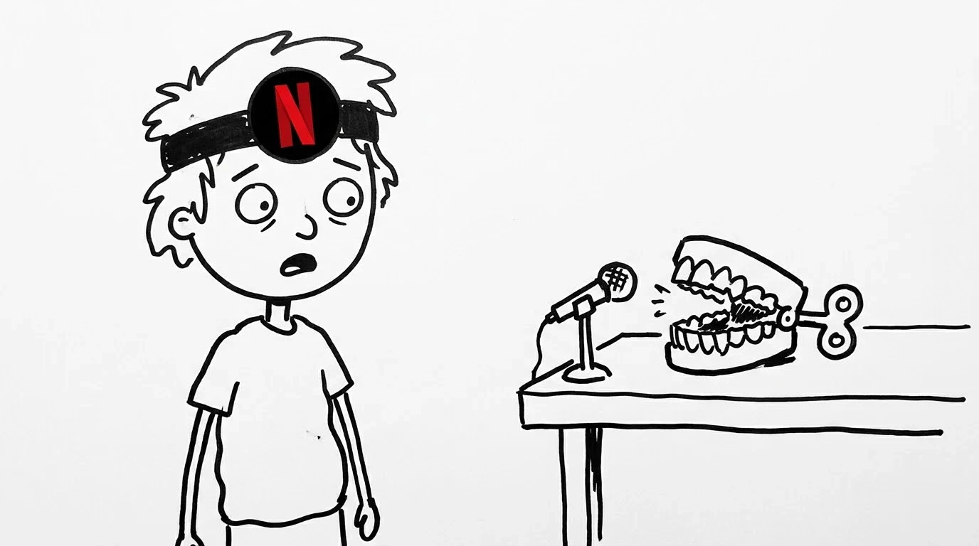 A shocked person watches windup dentures chatter into a microphone.