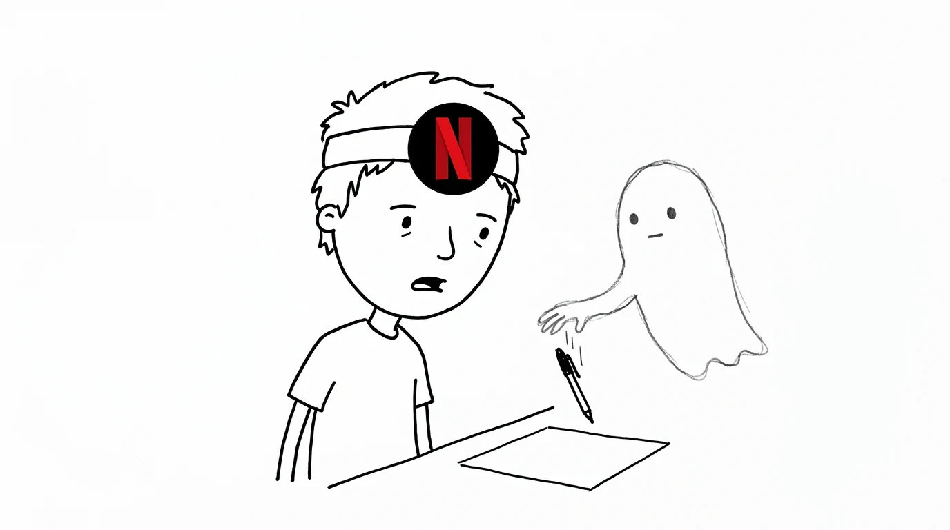 A bewildered person watches a pen fall through a ghost's hand above a blank sheet of paper.