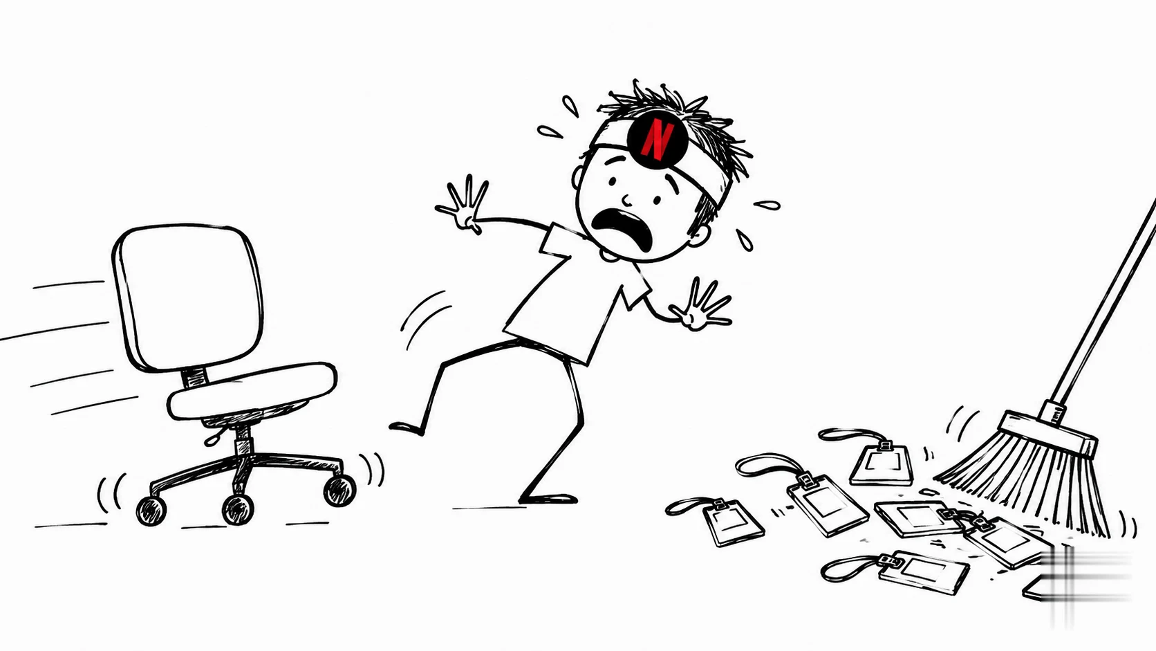 A panicking person dodges a rolling office chair as empty employee badges are swept away.