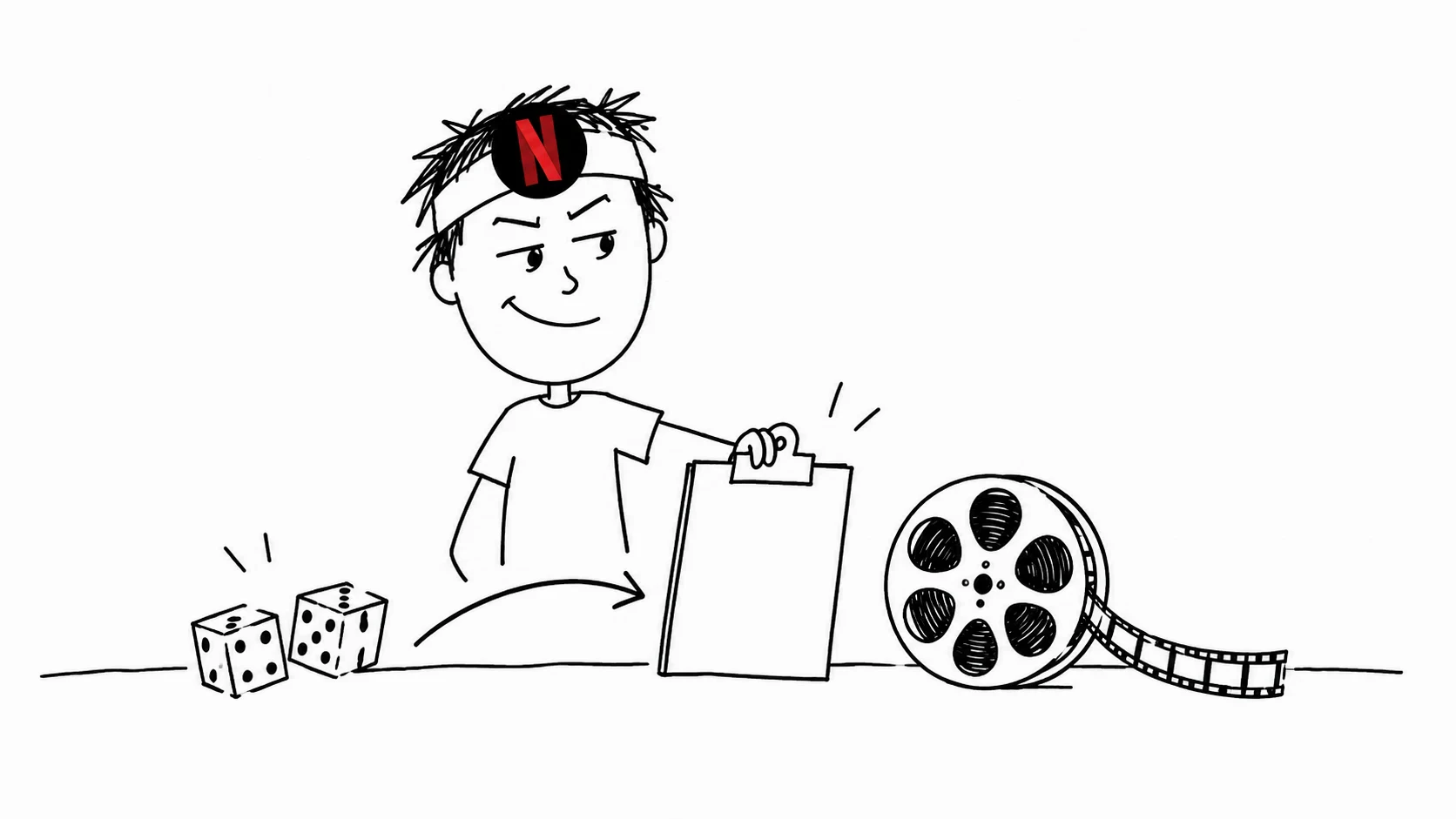 A smug person swaps dice for a clipboard beside a neatly trimmed film reel.