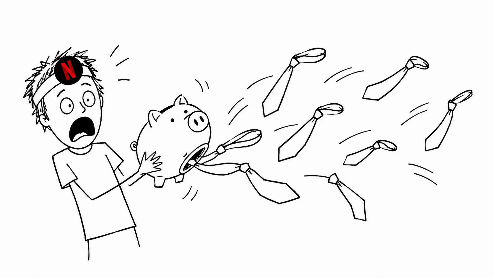헝클어진 머리의 사람이 통통한 돼지저금통에서 쏟아지는 빈 넥타이를 보고 놀랍니다.