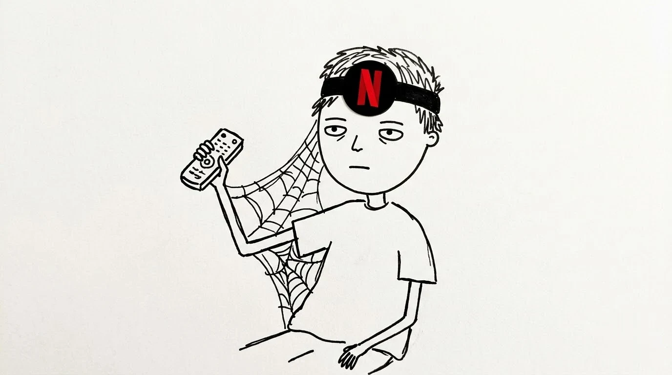 A bored person holds a remote, with cobwebs stretching between their arm and body.