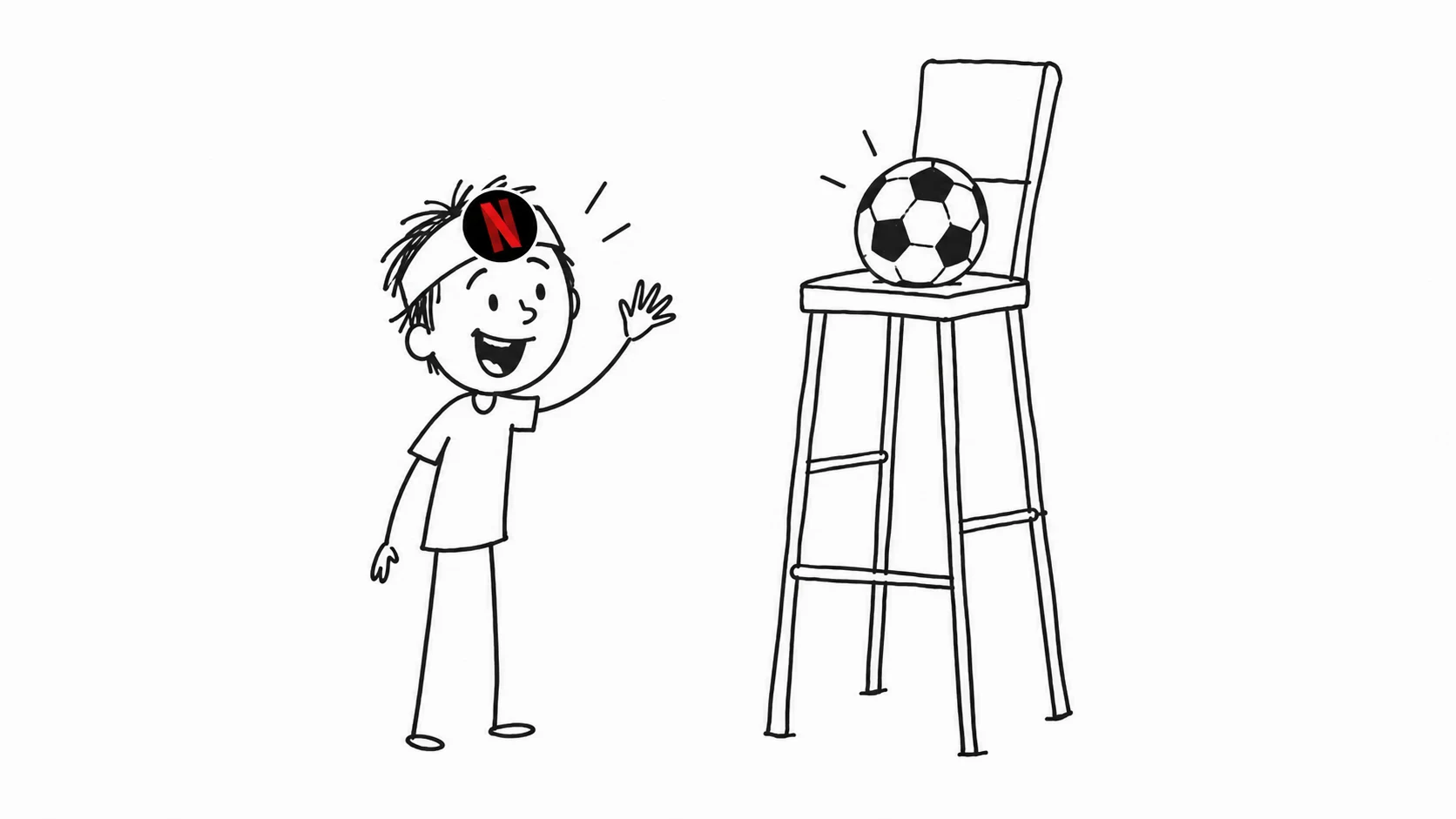 A messy-haired person eagerly raises a hand beside a soccer ball perched on an absurdly tall chair.