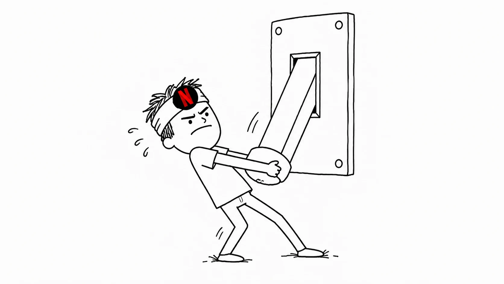 A determined messy-haired person uses their whole body to pull down an enormous toggle switch.