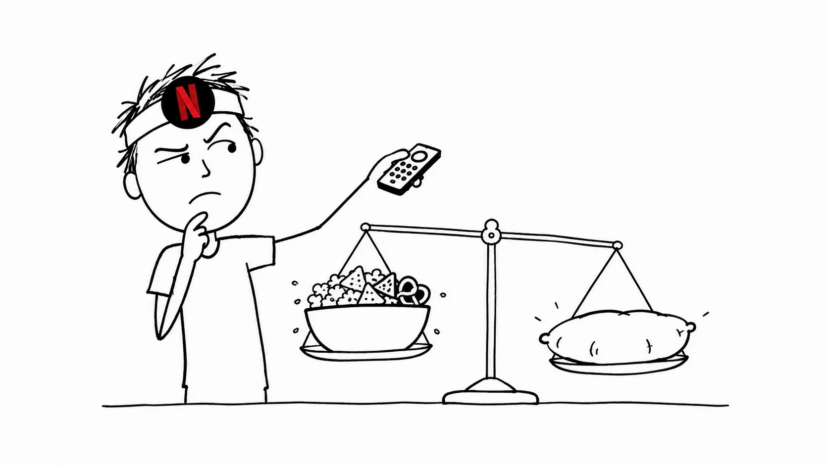 헝클어진 머리의 사람이 리모컨을 든 채 간식 그릇과 빈 방석의 무게를 살핍니다.