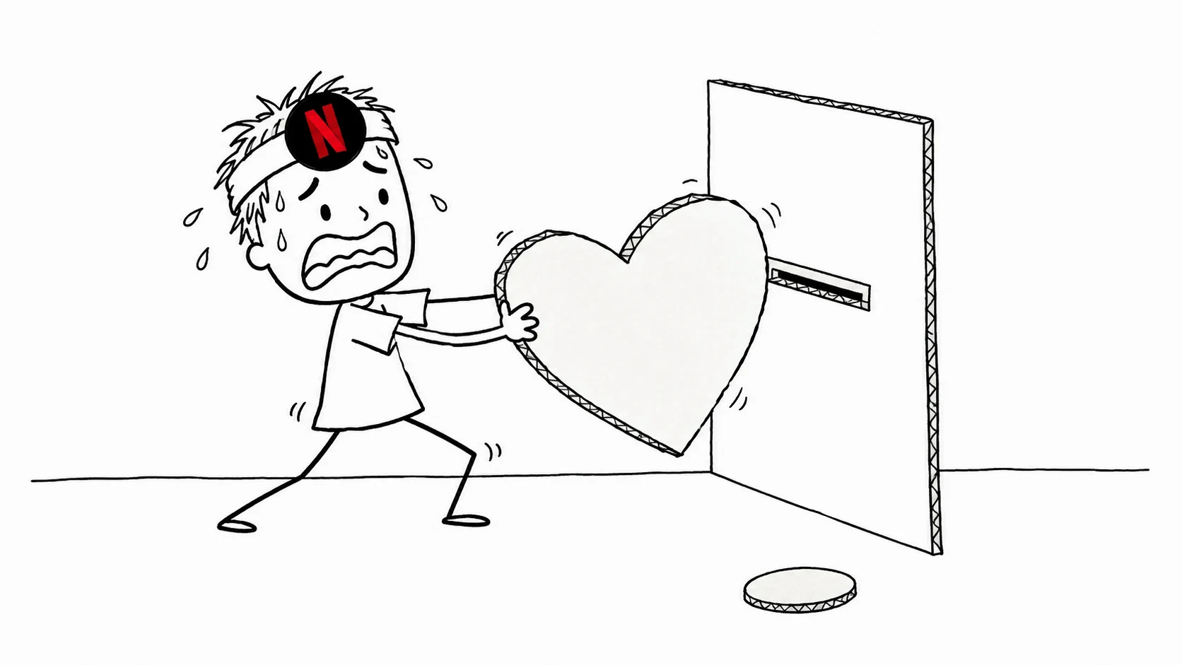 큰 하트 모양 판지를 좁은 틈에 억지로 밀어 넣으며 당황한 사람을 그린 그림입니다.