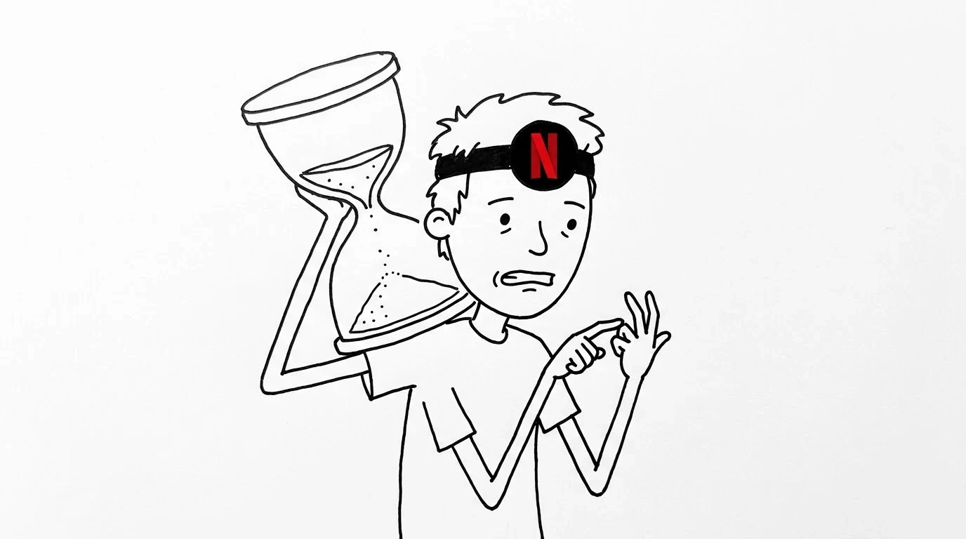 헝클어진 머리의 사람이 모래가 얼마 남지 않은 커다란 모래시계를 어깨에 얹고 초조한 표정으로 손가락을 꼽습니다.