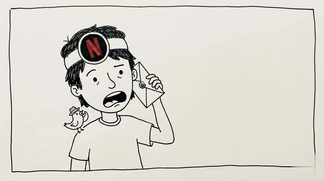A baffled person holds a sealed envelope to their ear while a small bird whispers into the other ear.