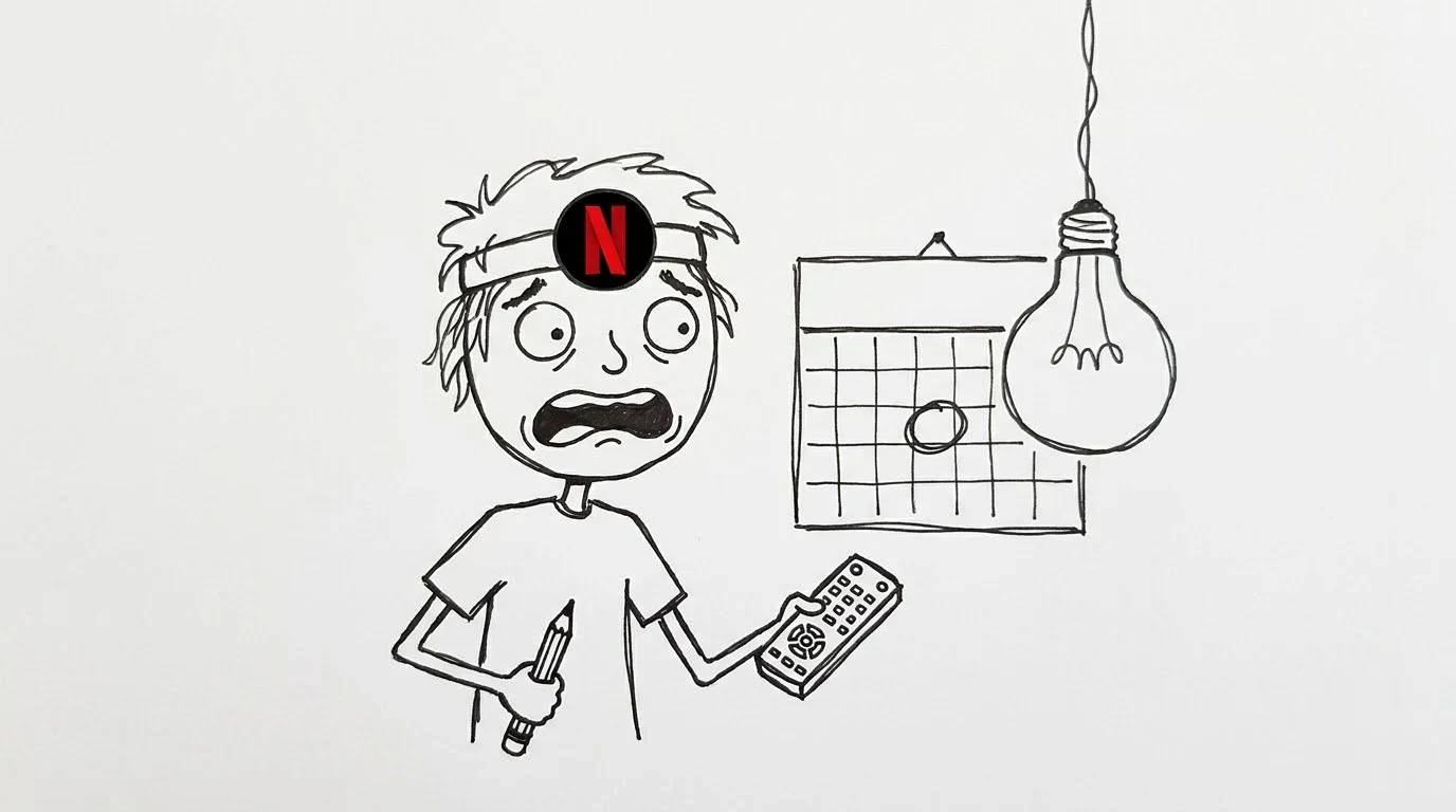 A worried person with a pencil and a remote stands by a wall calendar with one date circled.