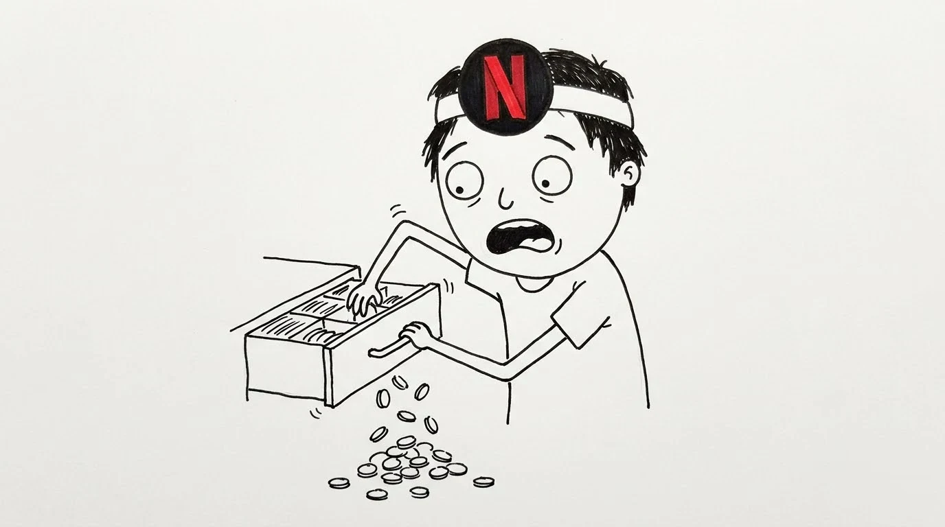 A shocked person opens a theater cash drawer as coins tumble onto the floor.