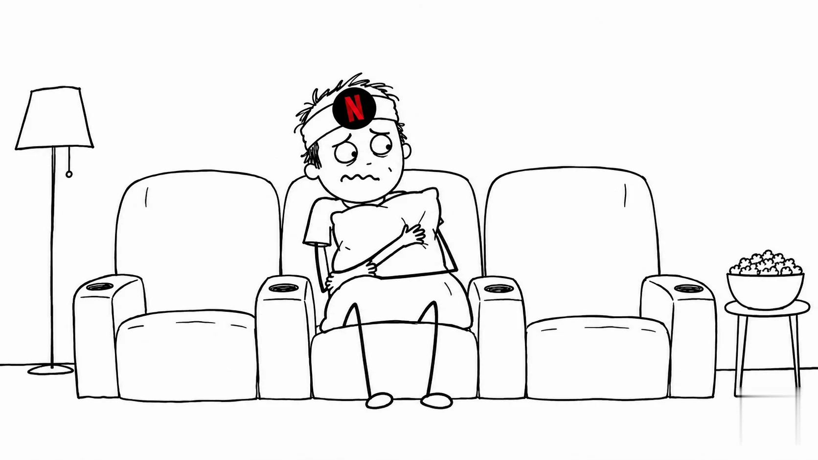 A conflicted person sits in a theater seat while hugging a couch cushion.